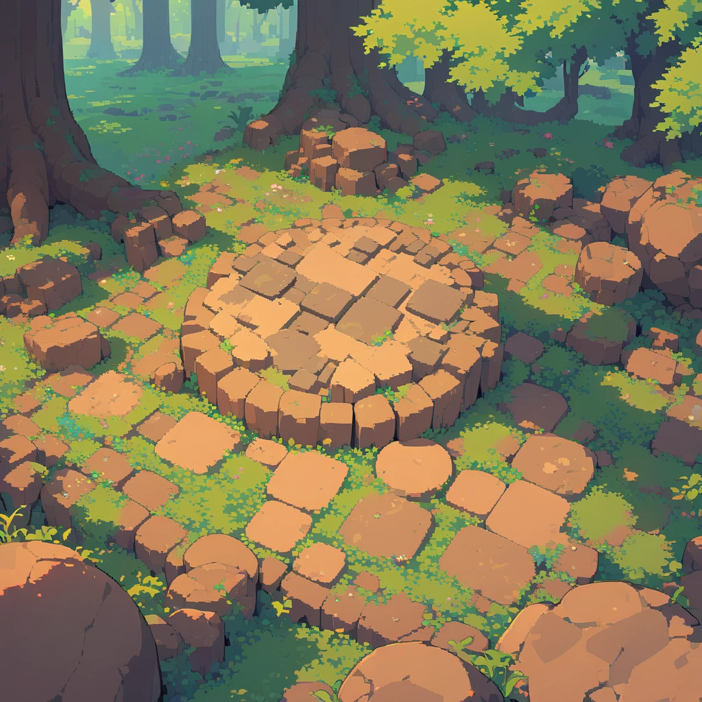 retro video game style,pixelated, vibrant pastel colors,8-bit characters,blocky shapes,sharp lines,detailed shading,classic gaming vibe,nostalgic atmosphere,classic arcade games,masterpiece:1.2,ultra-detailed,illustration style, 2d texture, clay texture, stone texture, 4 k seamless mud texture, video game texture, dirt texture, tileset, game tiles, clay material, flat texture, grass, trees, rock texture, rocky ground, forest, topdown view, game texture, game art, ground very detailed, dirt, floor texture, tileable texture, flowers, bushes, shrubs, intricate ground stone, top down view, 3/4th perspective