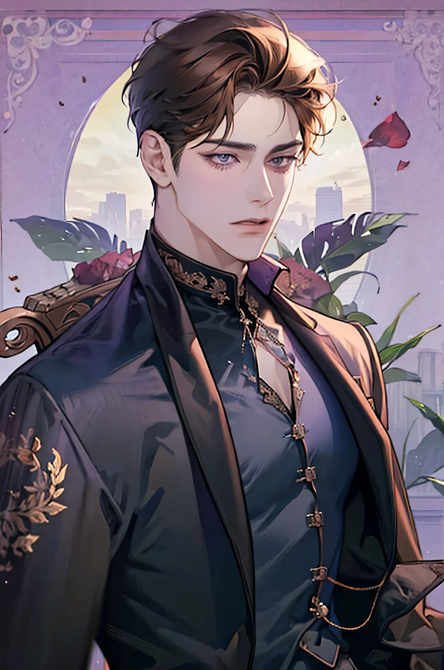 mature boy, Brown hair, Purples, (Perfect eyes), shirt, bad look, closed posture