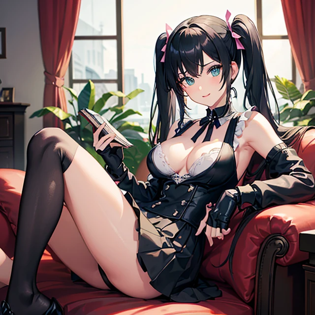 (masterpiece art, high best quality image, very detailed features), solo character
1Beautiful 23 years old girl, light blue eyes, black hair tied in two in short pig-tails with two pink ribbons tidying the pig-tails, , beautiful figure, big , 
Relaxed smile
(purple top shirt with clevage, short green skirt, black  hose, black fingerless gloves, black shoes),
Dannish house living room, sitting relaxed on sofa, holding a little book novel with her left hand
