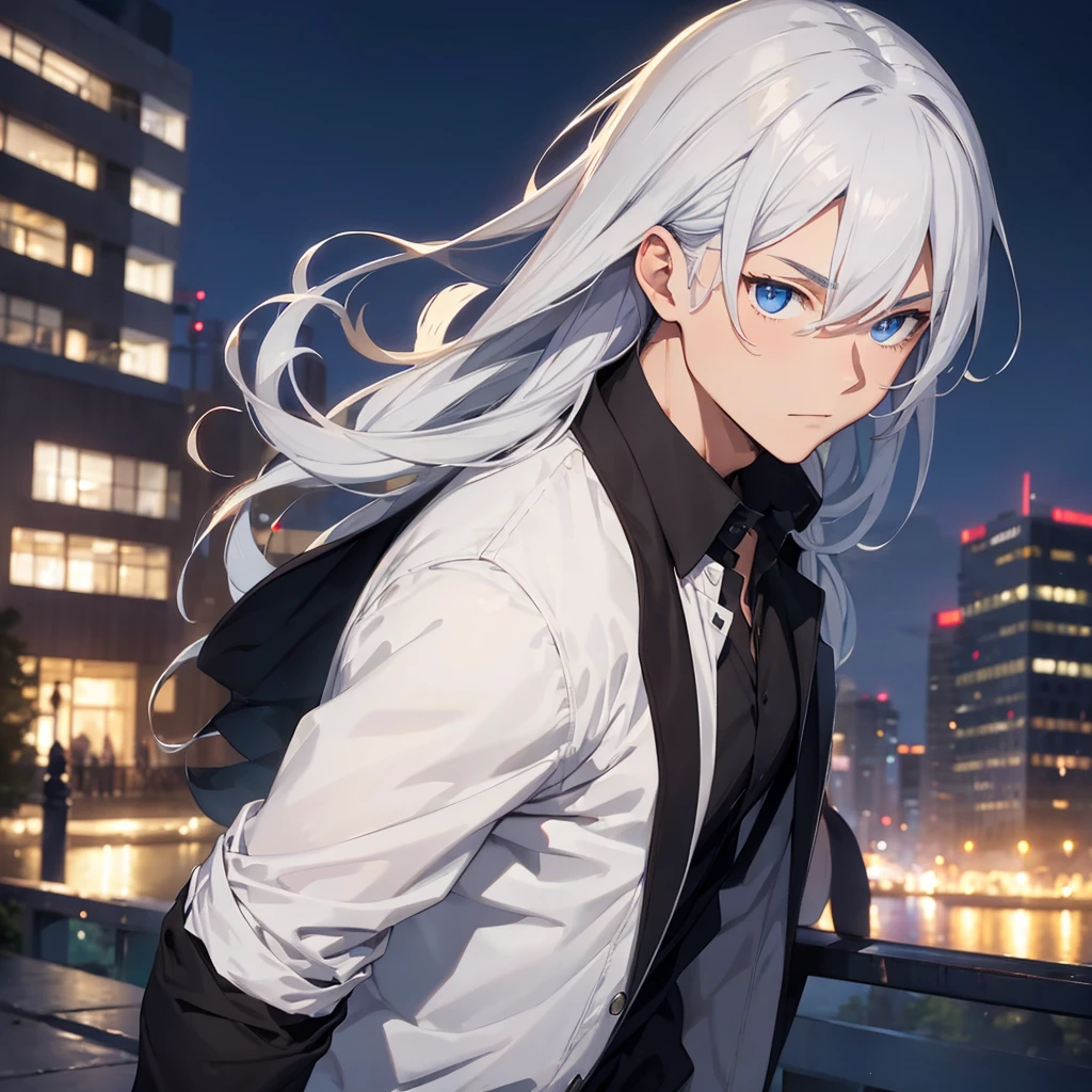 Half body portrait of a young man Have good muscles Smoky white hair, blue eyes, wears an all black suit. Turn around and look back. Half body image. Turn around and look back.. city view at night