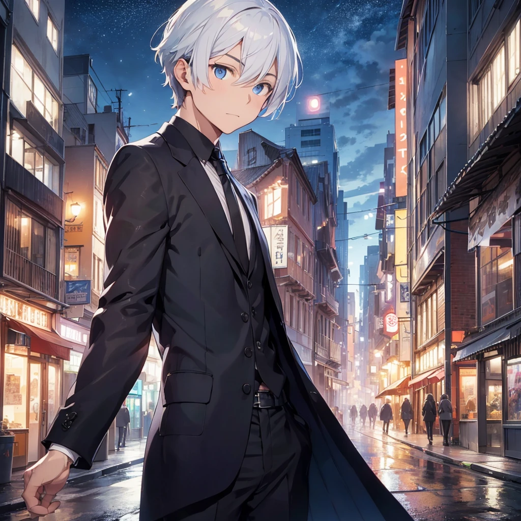Half body portrait of a young man Have good muscles Smoky white hair, blue eyes, wears an all black suit. Turn around and look back. Half body image. Turn around and look back.. city view at night