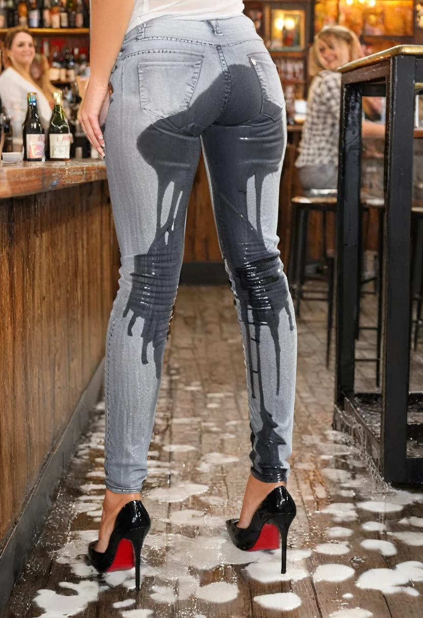(((rear view))), attractive blonde woman wearing black skinny jeans, high heel pumps, white blouse, standing in a crowded bar,  wetting, big smile,  stains are gleaming wet, (((rear view)))