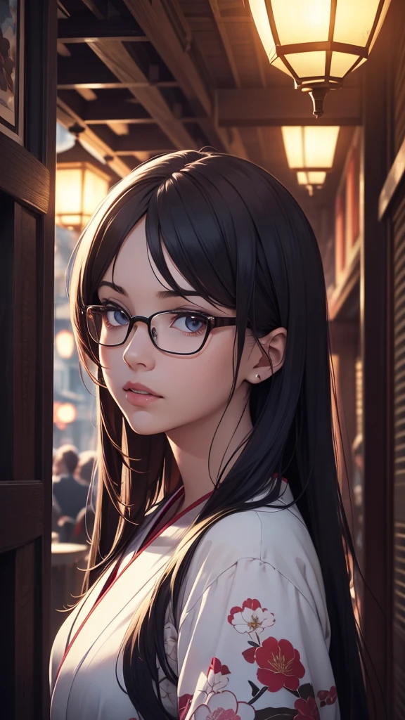 A beautiful anime girl with long flowing hair, wearing glasses, in a detailed Japanese-style setting, masterpiece, (best quality,4k,8k,highres,masterpiece:1.2),ultra-detailed,(realistic,photorealistic,photo-realistic:1.37),detailed eyes,detailed lips,extremely detailed face and portrait,longeyelashes,intricate ornate kimono,detailed background with cherry blossoms,dramatic lighting,vibrant colors,cinematic composition