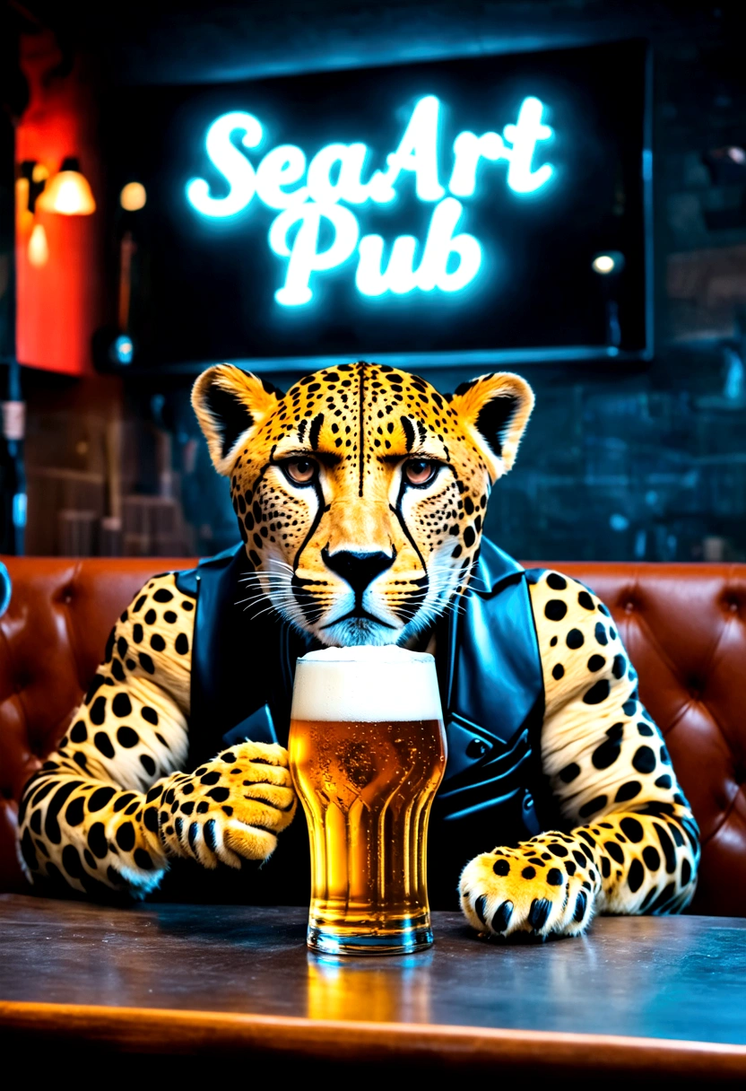 a cheetah dressed as punk chilling in bar, drinking beer, there is neon sign in the background which says "SeaArt Pub", highly detailed, photorealistic, 8k, hyper realistic, extremely detailed, cinematic lighting, powerful muscles, depth of field