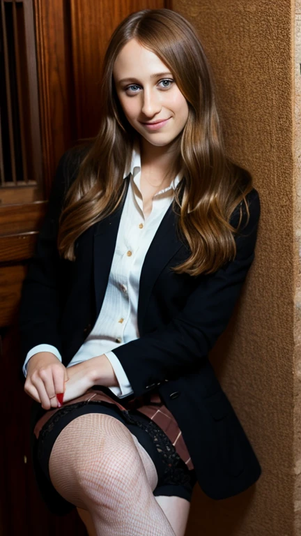 Taissa Farmiga dressed in a blazer, short skirt and stockings and a sexy smile.
