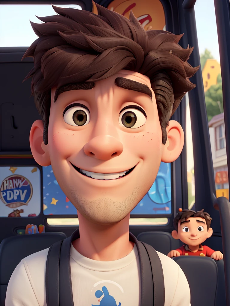 Create disney style illustration of man driving a small school bus, The man should be happy with perfect teeth and somewhat muscular but thin in casual clothes, straight hairstyle black hair. Add colorful birthday balloons. You must drive the bus as a driver and say hello. Add a movie title that says “happy birthday uncle king”. The shot in the illustration must be seen from outside the bus