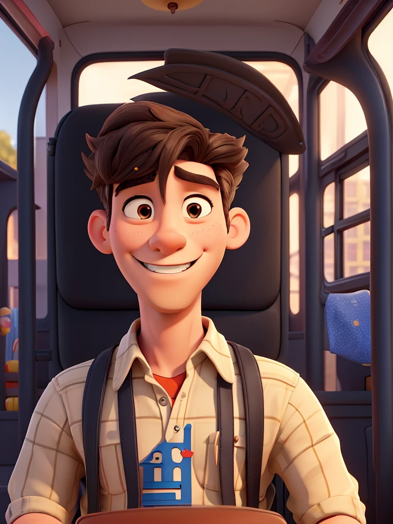 Create disney style illustration of man driving a small school bus, The man should be happy with perfect teeth and somewhat muscular but thin in casual clothes, straight hairstyle black hair. Add colorful birthday balloons. You must drive the bus as a driver and say hello. Add a movie title that says “happy birthday uncle king”. The shot in the illustration must be seen from outside the bus