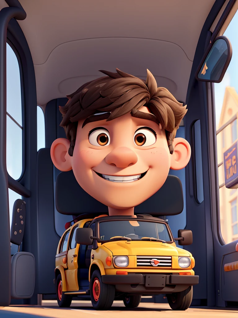 Create disney style illustration of man driving a small school bus, The man should be happy with perfect teeth and somewhat muscular but thin in casual clothes, straight hairstyle black hair. Add colorful birthday balloons. You must drive the bus as a driver and say hello. Add a movie title that says “happy birthday uncle king”. The shot in the illustration must be seen from outside the bus