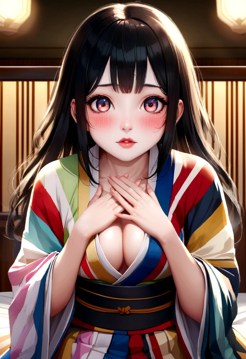 Kissing Face、Realistic、anime、Big eyes、Strong  desire、リアルanimeスタイル、anime、Hime-kun、Princess、Face it head on、bed、Sit sloppily、Disheveled colorful Japanese clothes、Open the chest、Place your hands on your chest、looking at the camera、Close ~ eyes、blush、Show your chest、Long black hair、Black-haired beauty、mole