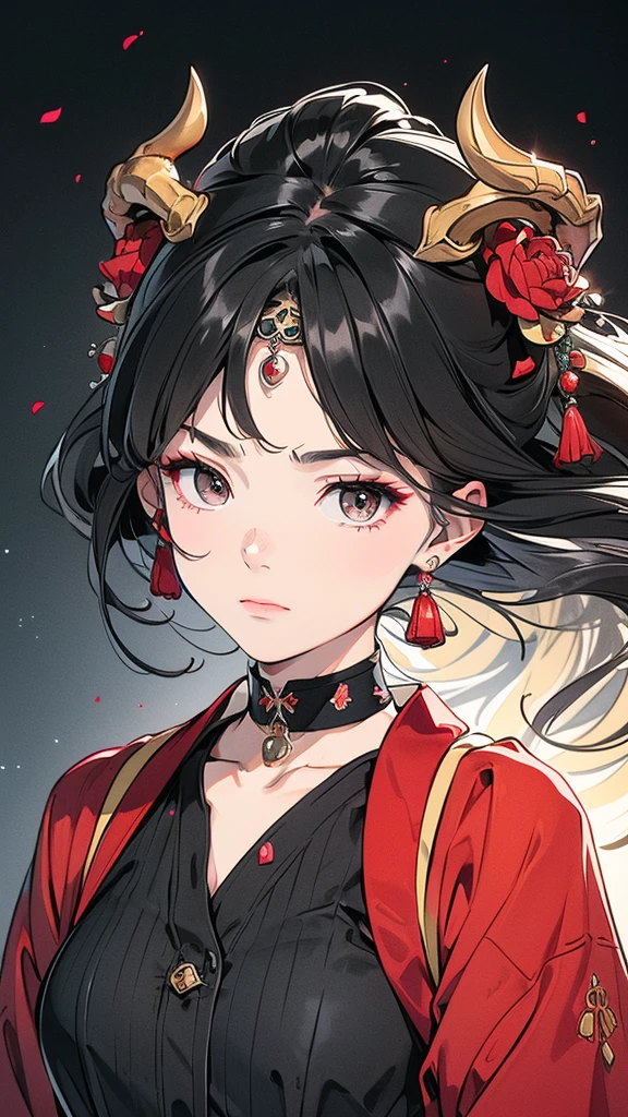 Seven Rhaeyar (Deylta), Ancient Star goddess, Perfect female anatomy (Royalty, Adult Female, 166cm in height, Cool pale skin, slim, slender, 34D breast size, Long Jet Black Hair, Gray Colored Iris , a set of Jet black colored horns on her head), Neutral facial expression, Elegant black uniform dress, female choker accessory with silver complimentary jewelry, dragon motifs, Black rope accessories, Simple Black Background, receiving light from the front, Slightly focusing on her face up close, Ethereal glow, Red Rose petals falling, Japanese inspired