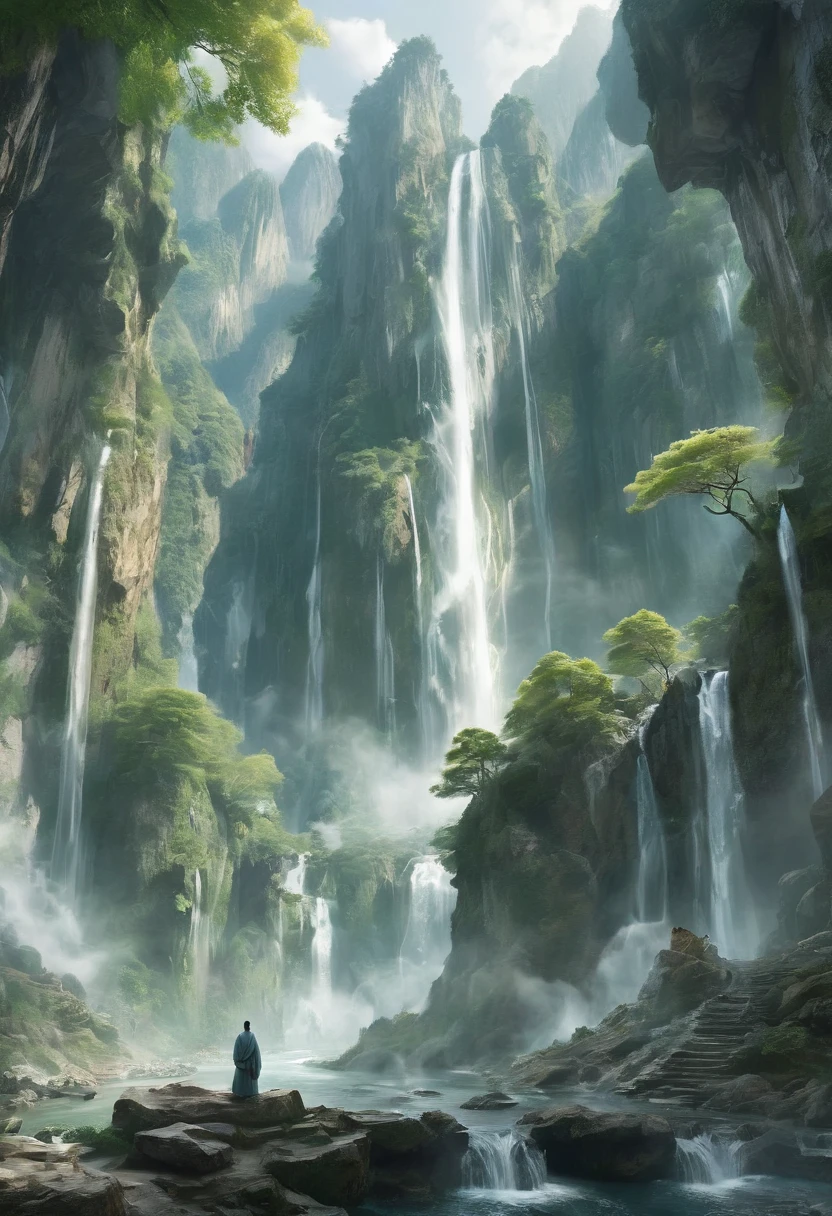 solo,(elder:1.2),(eyes_closed:1.2),kindly,mountain deity,freehand landscape painting,a male image,peak,waterfall,waterfall,gods,immortal,giant gods and mountains merge into one,white hair,white beard,white eyebrows,wrinkle,, masterpiece,best quality,highly detailed,Amazing,finely detail,extremely detailed CG unity 8k wallpaper,score:>=60,, beautiful detailed eyes,Fine hair texture,, incredibly absurdres,wallpaper,realistic,real,photo,landscape,foreshortening,xianxia
