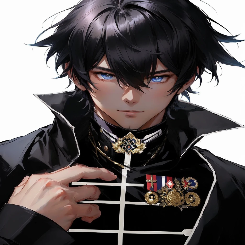 Anime - Stylish images of men in uniforms with medals., Inspired by Okumura Masanobu, Shigenori Zoejima illustration, call anime style, Important anime art, Detailed anime character art, male anime characters, Okata Kazuto, Inspired by Yamagata Hiro, Handsome Japanese demon boy, Kazuya Tsurumaki , blue eyes , Black veil with silver trim , luxurious veil