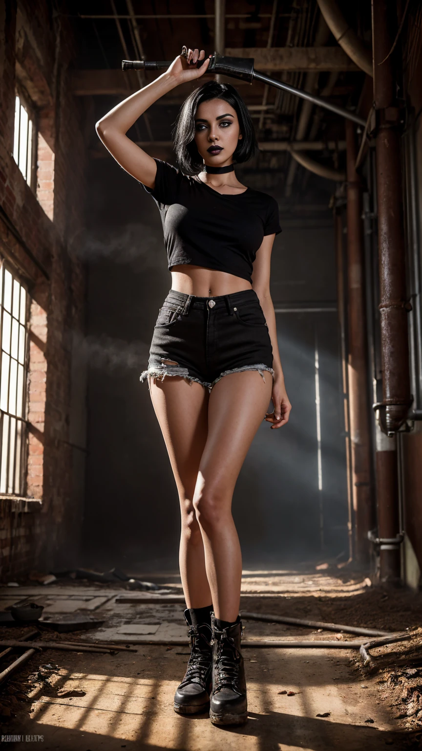 A woman between 25 and 30 years old with slender short straight black hair dark brown eyes, ((Black lipstick on lips)) ((dark makeup around the eyes))wearing a black t-shirt and black denim shorts, is standing holding a very large wrench, the environment is the interior of an old abandoned factory with pipes and registers everywhere sunlight coming from above some dry leaves on the floor dust grains in the air rust in the pipes small steam leaks in some pipes, the image conveys the beauty of a professional photograph highlighting the beauty of the girl and the details of the factory where she is.