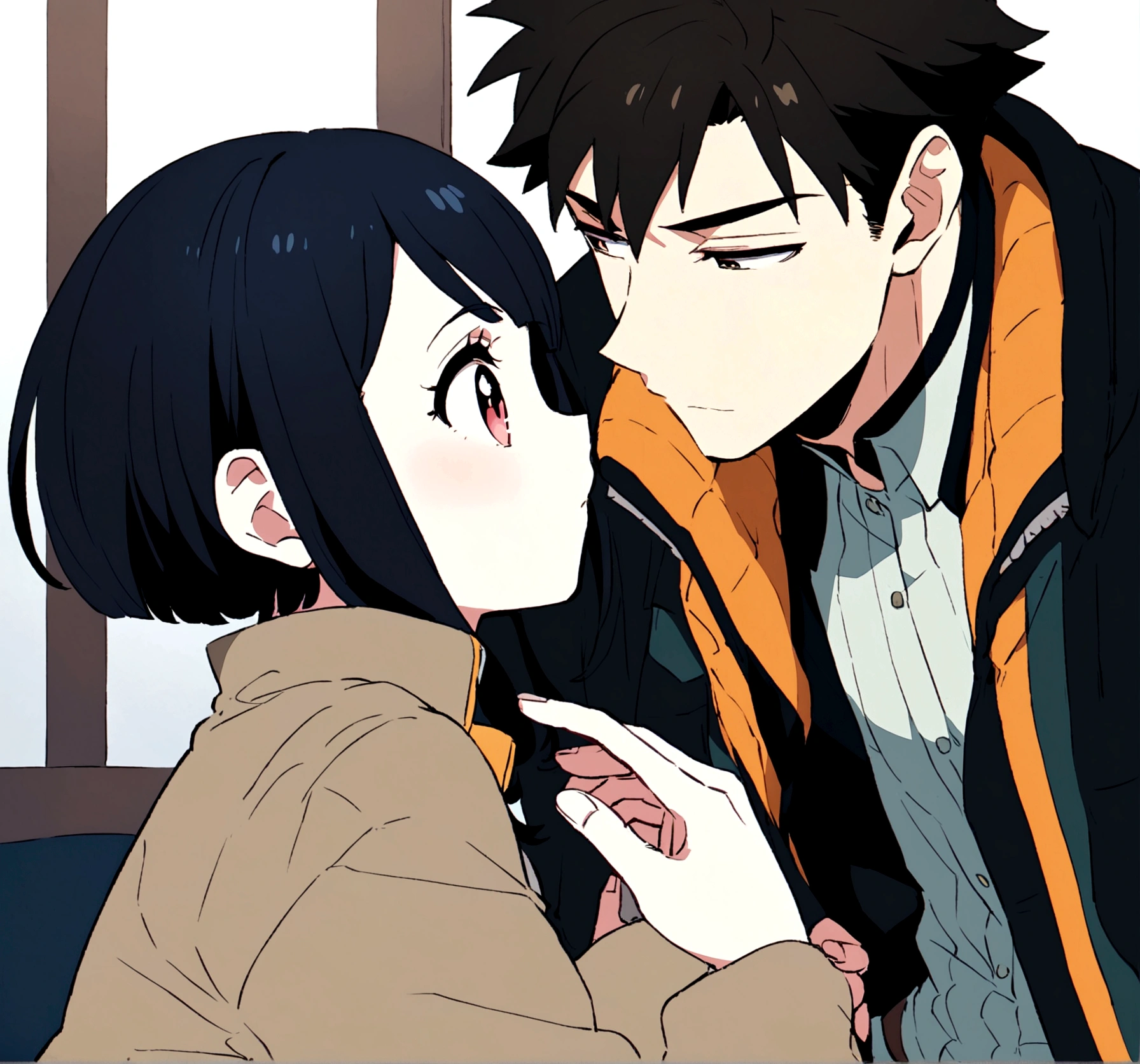 Cute couple mini anime boy pinch his jealous girl wearing same jacket