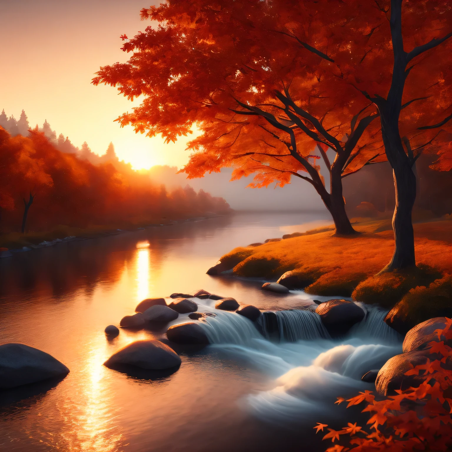 River, sunset, maple license, maple tree, autumn, Backlight, (Masterpiece),((ultra detailed)), (highly detailed CG illustration),(Expressionless), (Best Quality:1.2), High quality texture, intricate details, Detailed texture, High quality shadow, cinematic light, depth of field, light source contrast, perspective,20 years, (ulzzang-6500-v1.1:0.5)