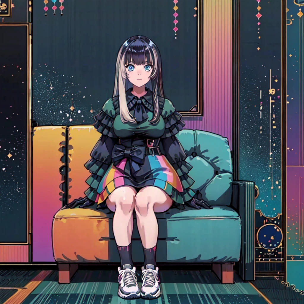 (masterpiece), Highest quality, Expressive eyes, Neon pastel aesthetics, Retro 90s, Neon color,((Girl sitting on sofa,In a cozy room,Records hanging on her wall, Comic books on the floor, Looking out the window behind her at the night city, Upholstered room, Anime figures lined up on a shelf)), Wearing headphones, (All around her it sparkles), (wearing thick colorful sneakers), (blue eyes), (Soft look), (Synthwave Art Style), Colorful Hair, Desk with PC set up