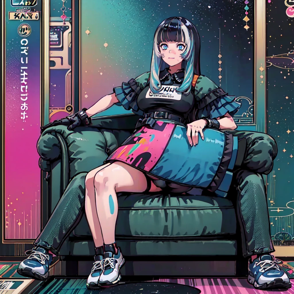 (masterpiece), Highest quality, Expressive eyes, Neon pastel aesthetics, Retro 90s, Neon color,((Girl sitting on sofa,In a cozy room,Records hanging on her wall, Comic books on the floor, Looking out the window behind her at the night city, Upholstered room, Anime figures lined up on a shelf)), Wearing headphones, (All around her it sparkles), (wearing thick colorful sneakers), (blue eyes), (Soft look), (Synthwave Art Style), Colorful Hair, Desk with PC set up