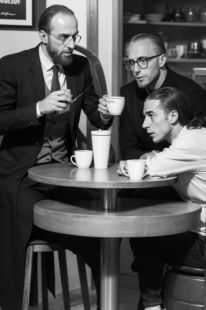 Philosophers Rene Discardes and Jean Paul Sartre talking and drinking coffee in a Brazilian establishment