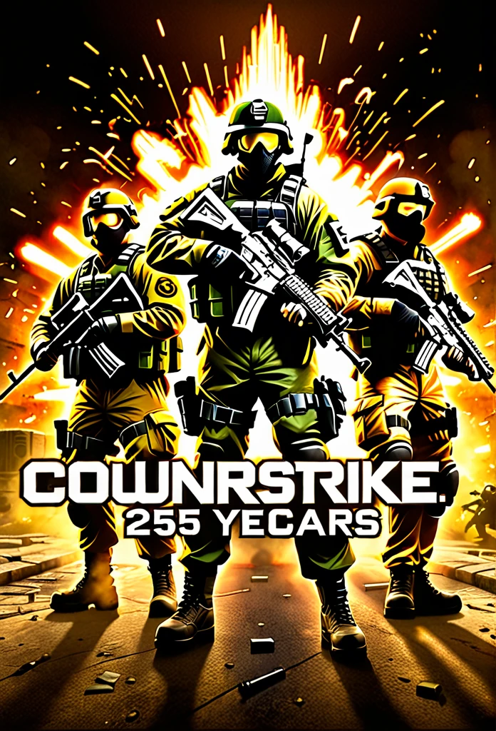 Prompt: Create a celebratory poster for the 25th anniversary of the Counter-Strike franchise, a game created by Valve that has significantly impacted the history of first-person shooters (FPS). The poster should have a dynamic and visually striking design, highlighting iconic elements from the game series.

Style and Details:

	•	Central focus on a group of classic Counter-Strike characters in dynamic action poses, including counter-terrorists and terrorists.
	•	Background featuring a montage of iconic maps and locations from various iterations of the game, such as Dust II, Nuke, and Inferno.
	•	Use of bold and vibrant colors, including the signature Counter-Strike palette of greens, yellows, and blacks.
	•	Incorporate the Counter-Strike logo prominently, along with the Valve logo, emphasizing the game’s developer.
	•	Include a large “25 Years” text in a modern, sleek font to mark the anniversary.
	•	Elements of explosions, bullet casings, and tactical gear to add intensity and excitement to the composition.
	•	High-quality, ultra-detailed rendering with a mix of realism and stylized graphics that reflect the evolution of the game’s visuals over the years.
	•	Include the tagline “Celebrating 25 Years of Tactical Excellence” at the bottom of the poster.

Additional Elements:

	•	Subtle references to key moments and achievements in the game’s history.
	•	Incorporate dynamic lighting and shadow effects to create depth and drama.
	•	The overall style should evoke a sense of nostalgia while also looking forward to the future of the franchise.

Example Layout:

	•	Central characters in action at the forefront.
	•	Background montage of maps and locations.
	•	Prominent “25 Years” text and logos.
	•	Tagline at the bottom.
	•	Explosions, bullet casings, and tactical gear elements throughout.