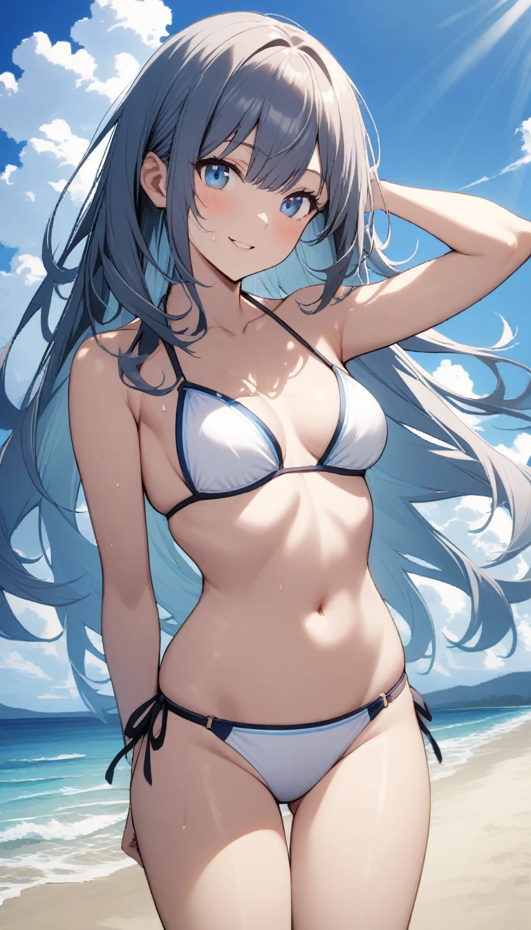 1girl, solo, long hair, breasts, looking at viewer, blush, smile, bangs, blue eyes, navel, bare shoulders, medium breasts, standing, collarbone, swimsuit, bikini, thighs, cowboy shot, outdoors, parted lips, sky, day, cloud, hand up, water, stomach, blue sky, bare arms, skindentation, ocean, halterneck, white bikini, beach, sunlight, string bikini,