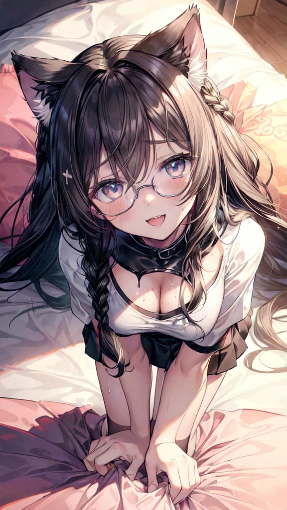 (Ultra-high resolution of the highest quality, masutepiece, Best Quality, 8K, Super Detail, Best Quality:1.3), (Anatomically correct:1.2), (1 girl:1.2), (junior high school student:1.6), (middle breasts:1.2), (drooping eyes:1.3), (blush cheek, blush body:1.3), (wavy hair, braid hair:1.2), (long hair:1.2), (black hair:1.2), (cat ear band:1.4), (glasses:1.3), (collar:1.3), (printed t-shirt, skirt:1.6), (girl's own room:1.4), front view, Extremely cute, (extremely detailed beautiful face), Authentic skin texture, beautiful hair, beautiful face, beautiful eyes, beautiful body, beautiful hands, (sexual aroused, naughty face, seductive smile, trance, orgasm:1.8), (steam:1.4), (sweat:1.6), (hair over eyes:1.3), (looking up:1.3), (open mouth:1.4), (face focus:1.6), cleavage breasts focus, (from above:1.4), (all fours:1.6)