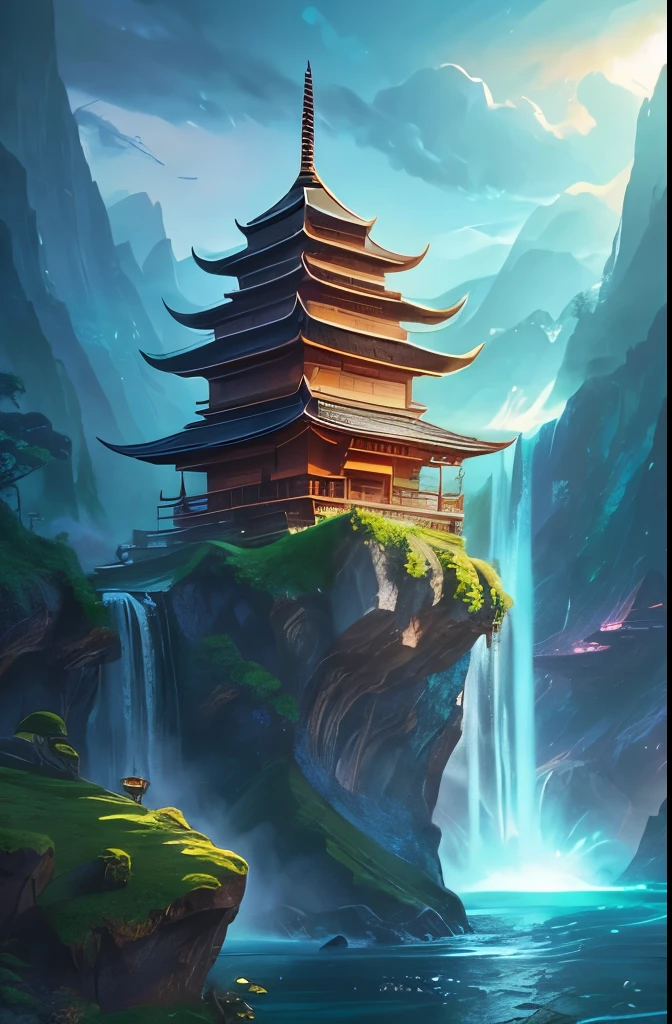 arafed view of a waterfall with a pagoda and a waterfall in the background, fantasy matte painting，cute, scenery artwork, game art matte painting, illustration matte painting, dota! matte painting concept art, dota matte painting concept art, 2. 5 d cgi anime fantasy artwork, dreamy matte painting, fantasy matte painting, avatar landscape, game map matte painting