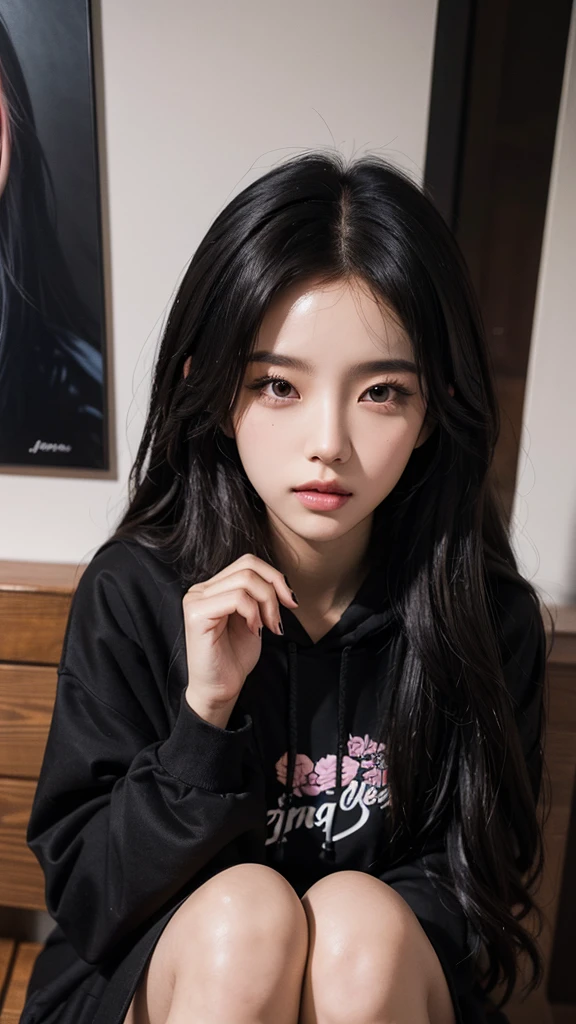 Long-haired Arafad woman wearing black hoodie, Portrait of a Korean female idol, guweiz style artwork, blackpink josie's portrait, jinyoung shin, Urzan, Minami Zaiwa, guweiz, kpop idol portrait, Brunette girl wearing hoodie, author:unbelievable, Li Zhien, Li Zhien,Long ponytail hairstyle,green hair and gray hair, Good-looking hair accessories, light green eyes,big eyes,Wearing red glasses,half rim glasses,