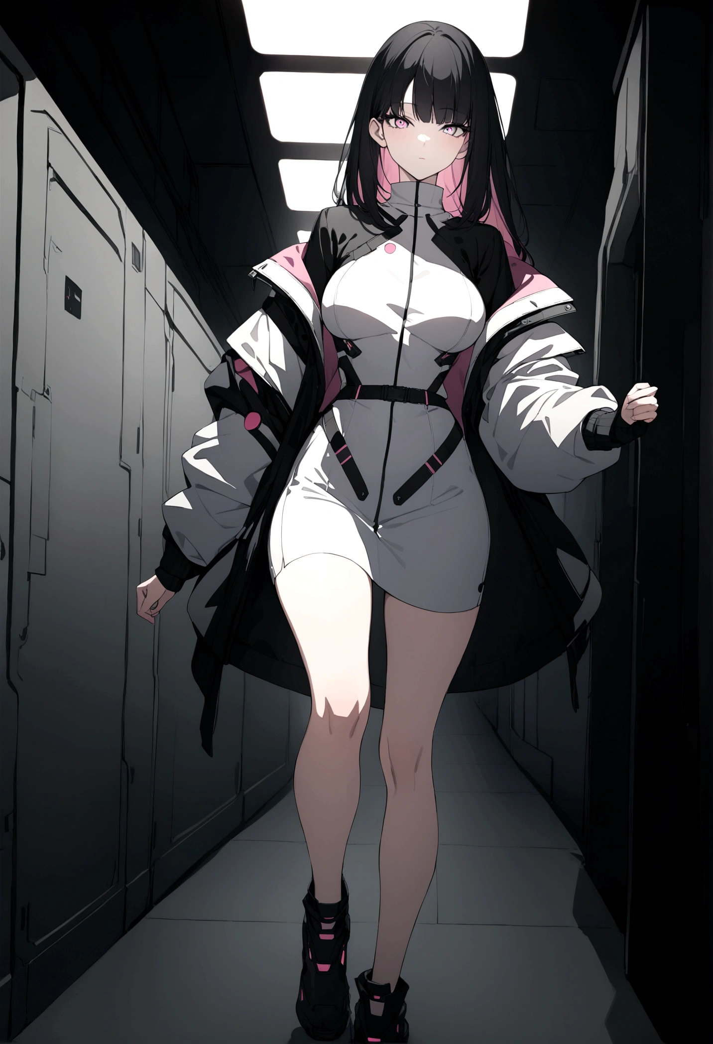 (masterpiece, 32k, 8k, white laboratory corridor setting, character walking towards the viewer) woman, 26 years old, naturally beautiful face, long black hair with pink highlights, cyberpunk outfit, different colored eyes, character speaking