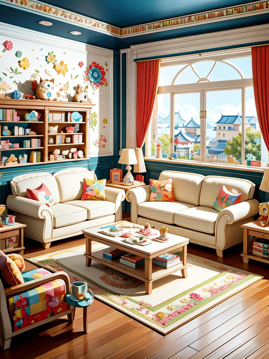 (masterpiece, best quality:1.2), 3d paper cut style，cartoon，Lovely，(Living room paper cutting art)，俏皮Lovely的房间装饰，(Paper Art Furniture)，(Sofa made from folded and cut paper，Chairs and tables)，Whimsical patterns，(Animals decorate the walls，Flowers，风景等纸艺cartoon画)，Lively and convivial atmosphere