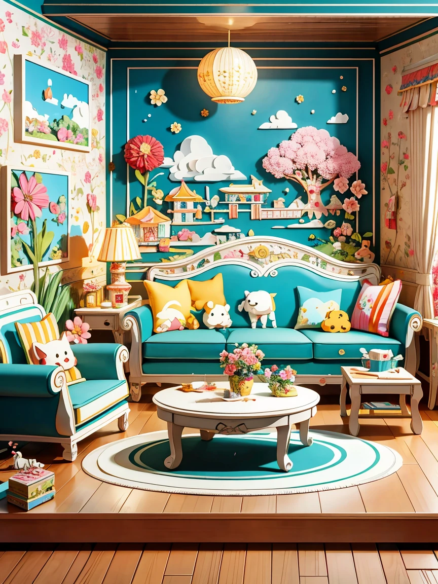 (masterpiece, best quality:1.2), 3d paper cut style，cartoon，Lovely，(Living room paper cutting art)，俏皮Lovely的房间装饰，(Paper Art Furniture)，(Sofa made from folded and cut paper，Chairs and tables)，Whimsical patterns，(Animals decorate the walls，Flowers，风景等纸艺cartoon画)，Lively and convivial atmosphere