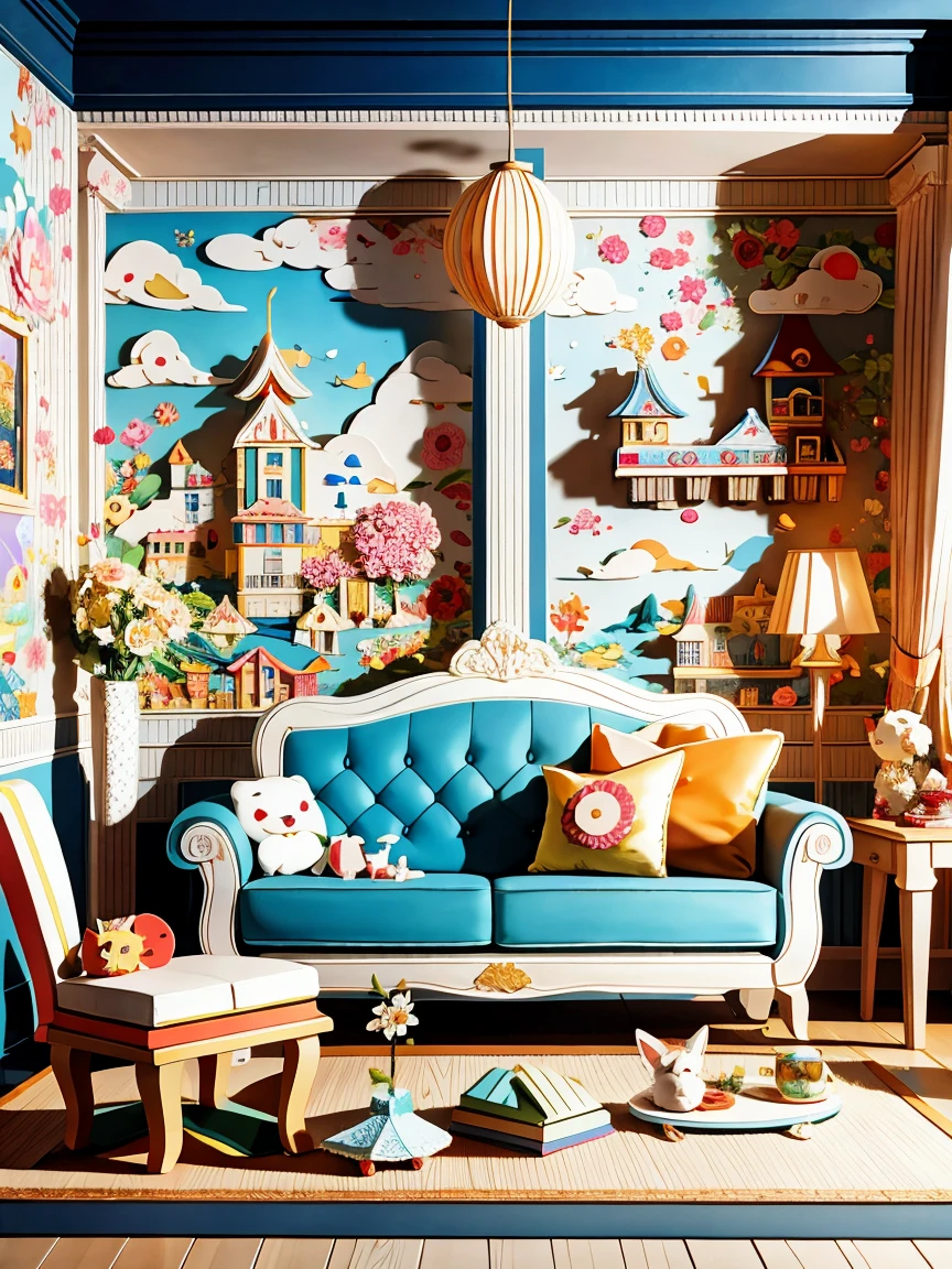 (masterpiece, best quality:1.2), 3d paper cut style,cartoon,Lovely,(Living room paper cutting art),俏皮Lovely的房间装饰,(Paper Art Furniture),(Sofa made from folded and cut paper,Chairs and tables),Whimsical patterns,(Animals decorate the walls,Flowers,风景等纸艺cartoon画),Lively and convivial atmosphere