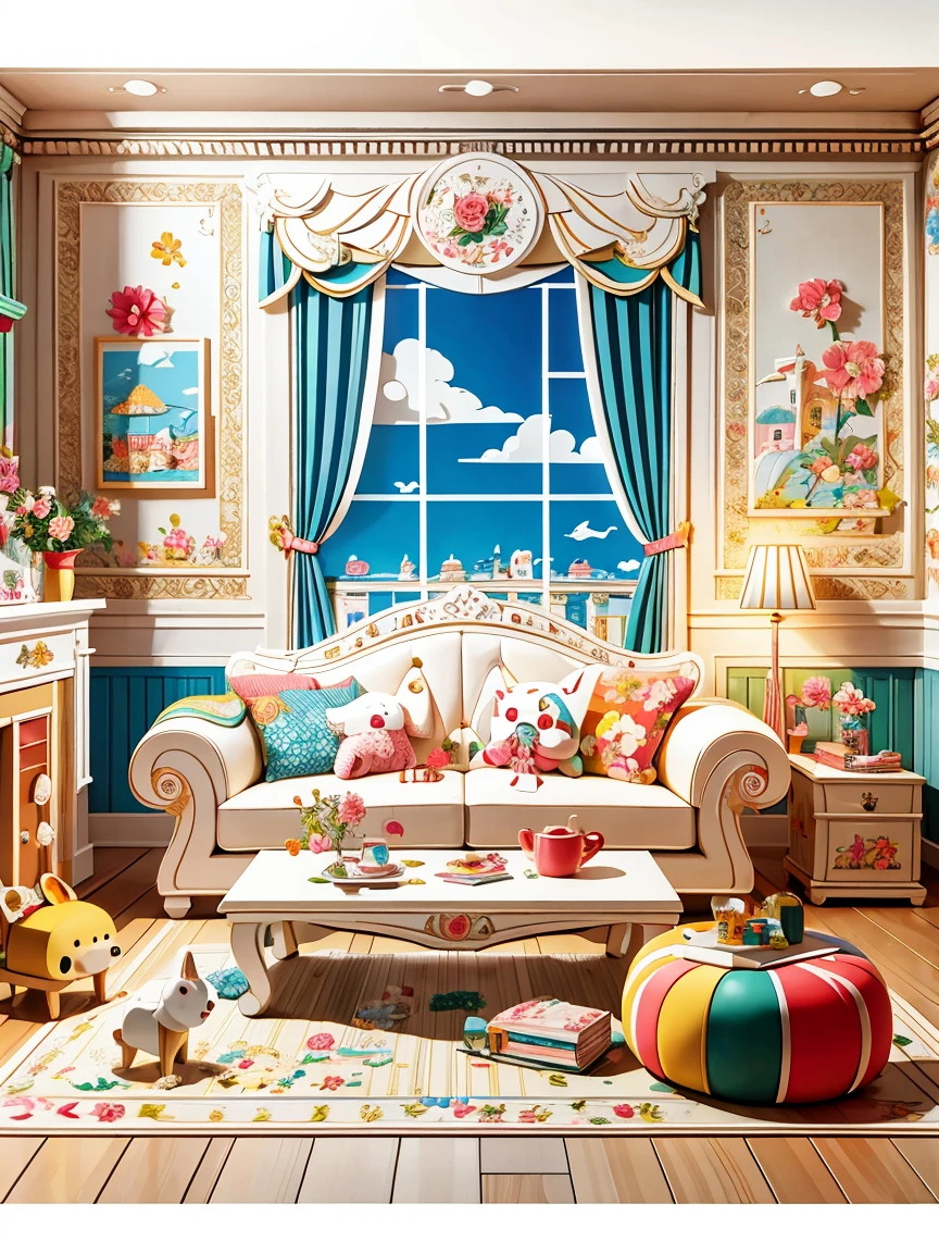 (masterpiece, best quality:1.2), 3d paper cut style,cartoon,Lovely,(Living room paper cutting art),俏皮Lovely的房间装饰,(Paper Art Furniture),(Sofa made from folded and cut paper,Chairs and tables),Whimsical patterns,(Animals decorate the walls,Flowers,风景等纸艺cartoon画),Lively and convivial atmosphere