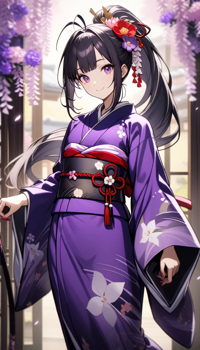 32k, 1girl, solo, long hair, looking at viewer, smile, bangs, hair ornament, long sleeves, closed mouth, standing, ponytail, flower, japanese clothes, hair flower, wide sleeves, kimono, sash, depth of field, （Japanese style background）, obi, antenna hair, high ponytail, pink flower, purple flower, purple kimono, zouri,
