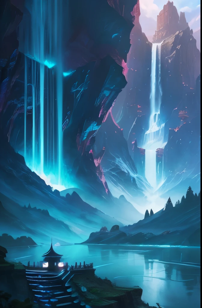 arafed view of a waterfall with a pagoda and a waterfall in the background, fantasy matte painting，cute, scenery artwork, game art matte painting, illustration matte painting, dota! matte painting concept art, dota matte painting concept art, 2. 5 d cgi anime fantasy artwork, dreamy matte painting, fantasy matte painting, avatar landscape, game map matte painting