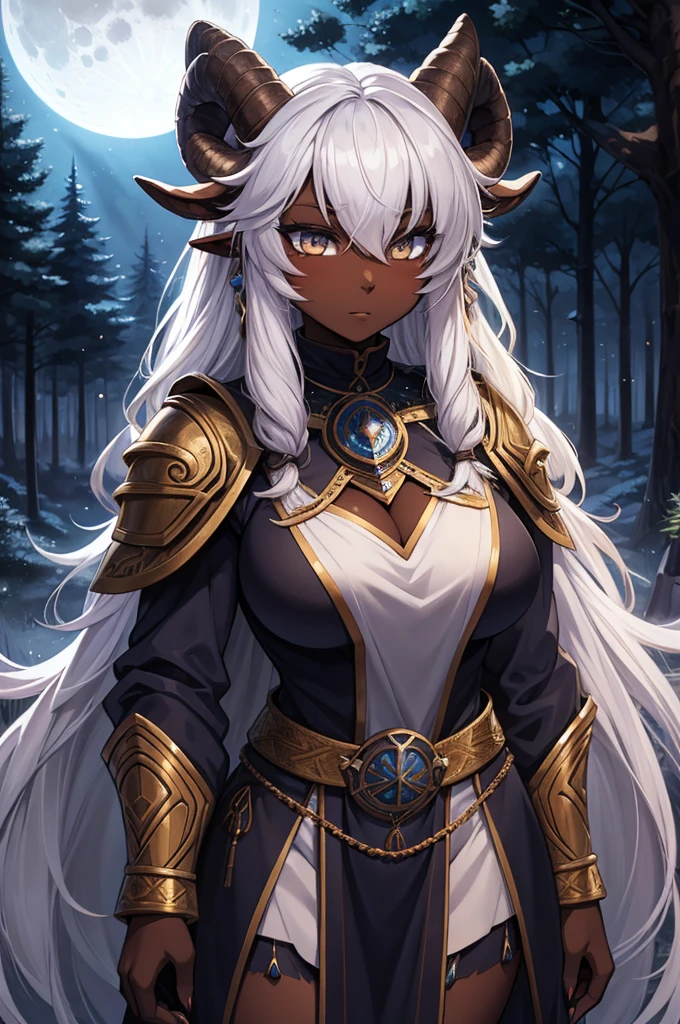 1 sheep woman, sheep's snout, shaman outfit, white hair, sheep horns, dark-skinned female,  furry_female, dark skin, sheep skin, fur sheep, anime art, muscular female, pointed nails, messy hair, very long_hair, hair between eyes, white eyes, perfect eyes, shaman armor, furry, moonlight, fur_trim, monster_girl, original, (masterpiece), (illustration), (extremely fine and beautiful), perfect detailed, photorealistic, (beautiful and clear background:1.25), (depth of field:0.7), forest, moon
