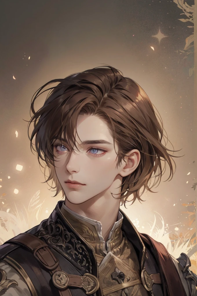 (Best quality),adult, age 38 years old, 1 manly, male, mature, very tall, elegant, (((very short dark light brown hair))), violet eyes, perfect eyes, light brown hair, medieval fantasy style, richly textured background, soft lighting, portrait style, painting style, deep colors, half body, perfect, half body, big body