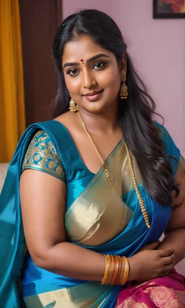 A radiant, full-figured plus sized South Indian 45 year old bride wearing a transparent blue colour silky saree standing hugging and kissing a 23 year old boy in a living room, , captured in a full-body image with vibrant hues and meticulous details. Full body image