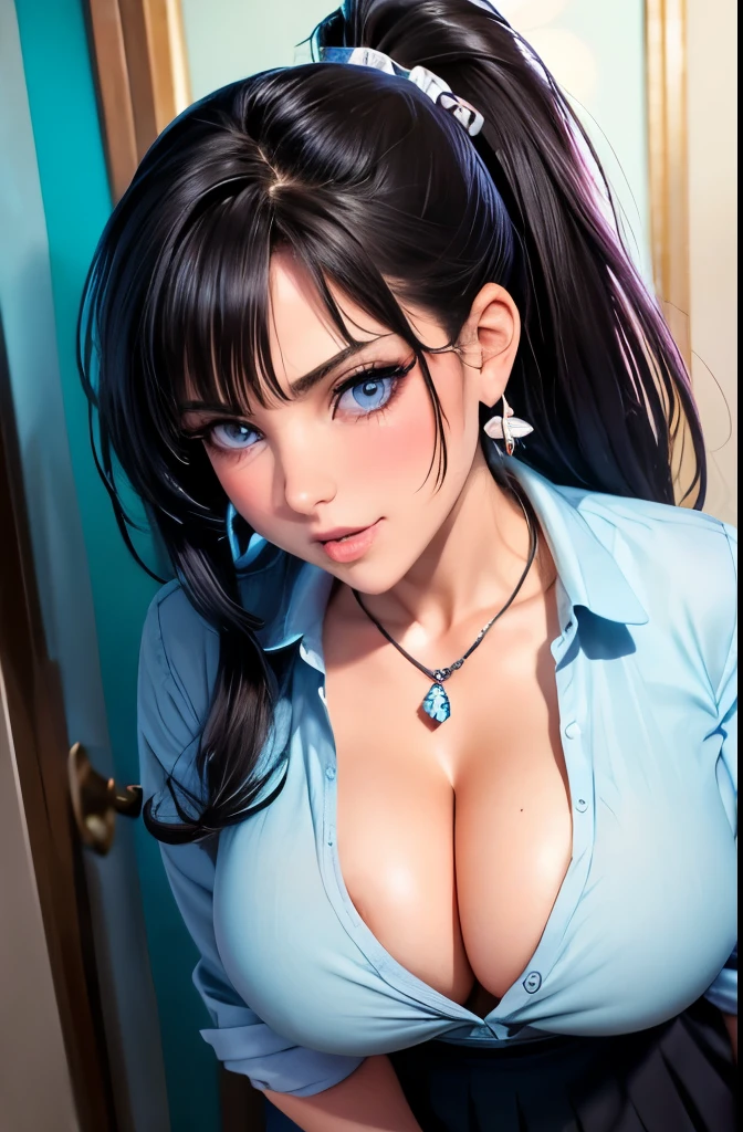 dark hair in a high ponytail, crystal blue eyes, open mouth, horny 25 years old,  busty, cleavage, blouse unbuttoned , skirt, standing, coy smile with open parted lips, (blushing:1.3), looking invitingly at the viewer, facing the viewer, livingroom background, leaning forward in a doorway, (pov), glowing eyes, necklace, earrings, nsfw, 