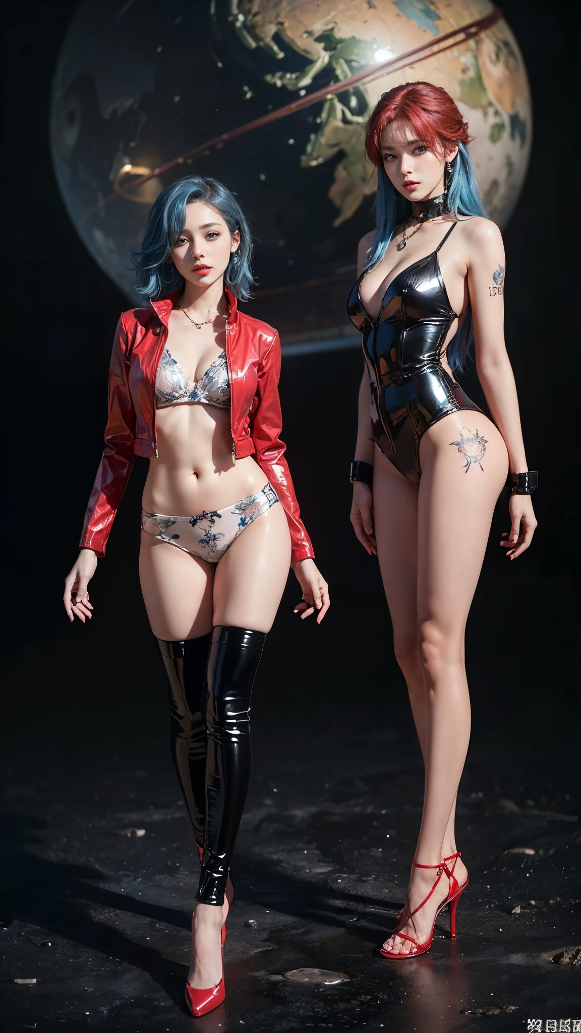 ((masterpiece:1.4)、(Highest quality:1.4)、(Realistic:1.7))、Masterpiece:1.4、(Top-notch rendering:1.4)、Beautiful Girl Dirty Pair 2、(Beautiful Space Investigator Dirty Pair:1.4)、(Space investigator duo Kei and Yuri)、(Kei and Yuri are cute girl names:1.2)、(Two investigators:1.4), (Kei and Yuri stand side by side...:1.4)、(By Luis Royo:1.4)、Body Fit  Investigator Duo Uniform、(Shiny luxury :1.4)、(White Sleeveless Uniform Jacket)、( High Grade Red  )、(Luxury Red :1.4)、19 years old、(Cute Tattoos:1.4)、(Wearing white gloves)、(Two cute girls:1.4)、Super Beauty、Sharp Focus、Portrait Photography:1.4、8K、Photorealistic images:1.4、(Perfect female body:1.4)、Perfect proportions、 Couple、(Full body photography:1.4)、Beautiful Face、(Beautiful Skin:1.4)、Beautiful Eyes、Narrow waist:1.4、(9-body proportions beautiful girl:1.4)、(A beautiful girl with long legs and a good figure:1.4)、Beautiful feet:1.4、(Kay has red hair:1.4)、(Yuri has blue hair:1.4)、(Long Hair:1.2)、Beautiful 、:1.2、 、Raw photo、Red lips、Red high heels:1.4、choker:1.4、necklace:1.4、Earrings:1.4、1 Screen Display:1.4、Cyberpunk City:1.2