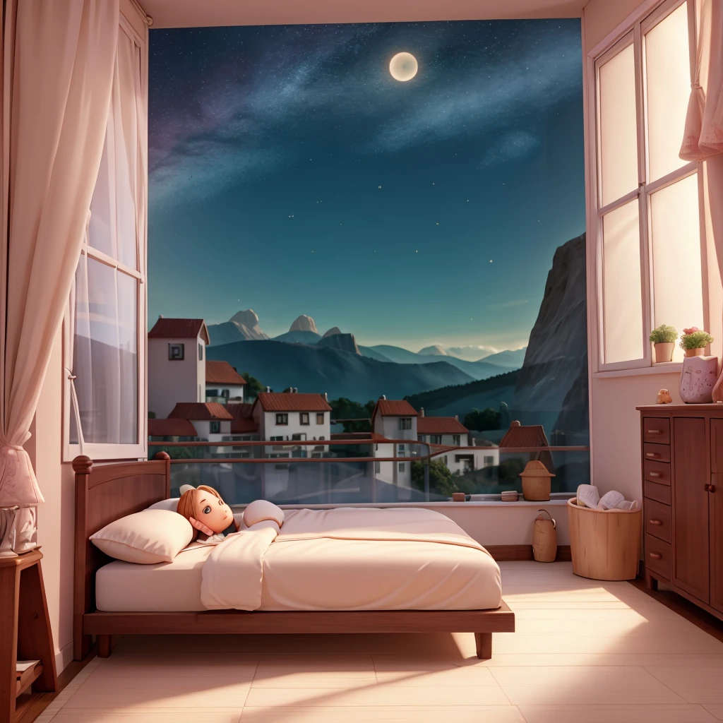 Cute on a bed imagining, 4k behind her a window with a landscape