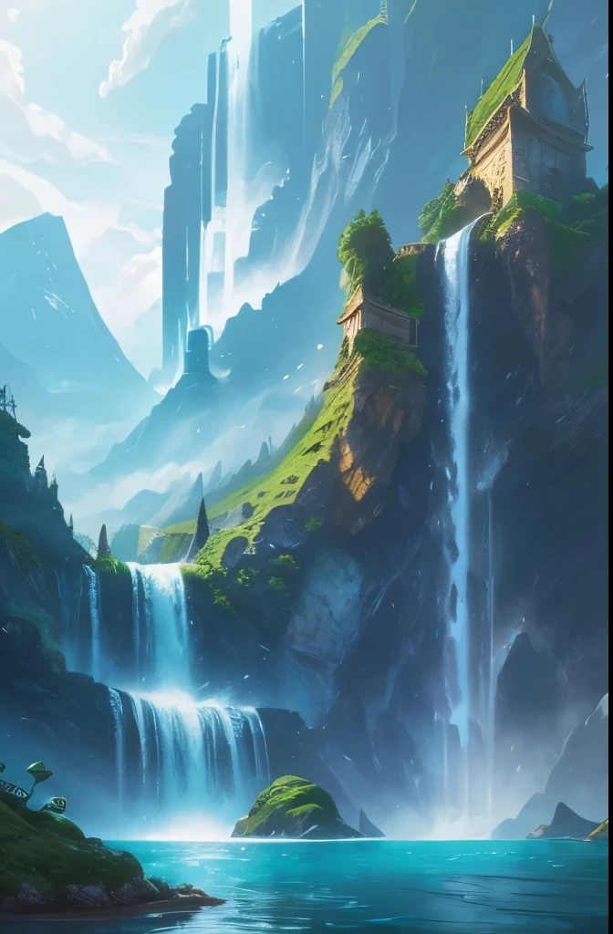 arafed view of a waterfall with a pagoda and a waterfall in the background, fantasy matte painting，cute, scenery artwork, game art matte painting, illustration matte painting, dota! matte painting concept art, dota matte painting concept art, 2. 5 d cgi anime fantasy artwork, dreamy matte painting, fantasy matte painting, avatar landscape, game map matte painting