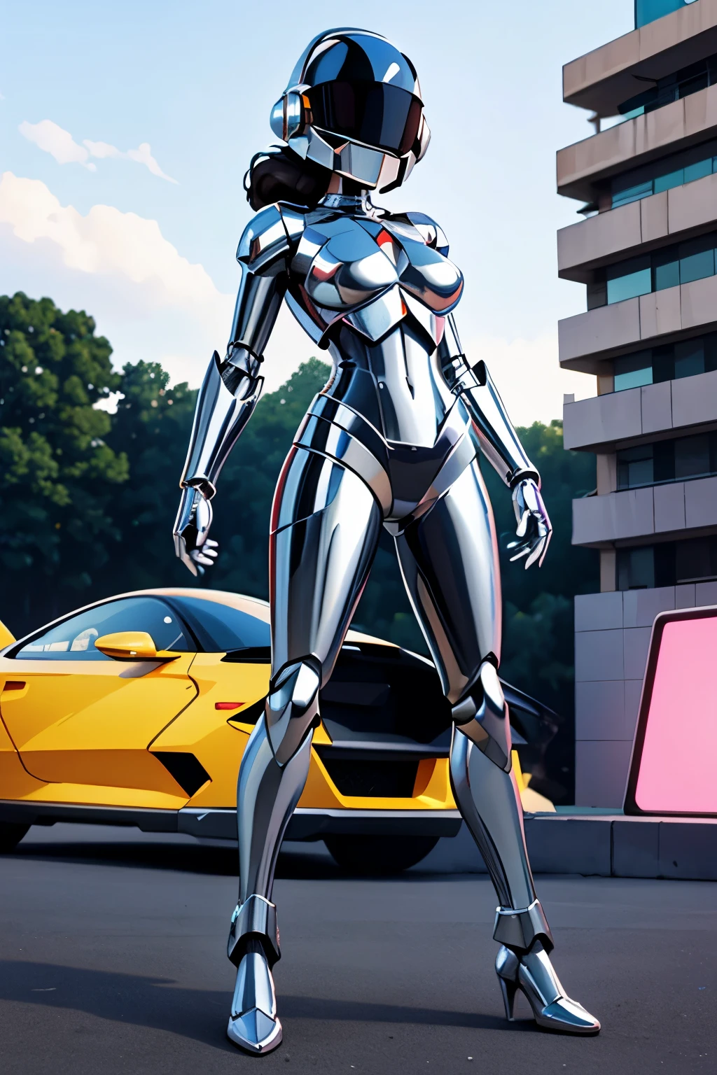 Chrome, robot woman, Hajime Sorayama, sensual, full-body, daft punk helmet