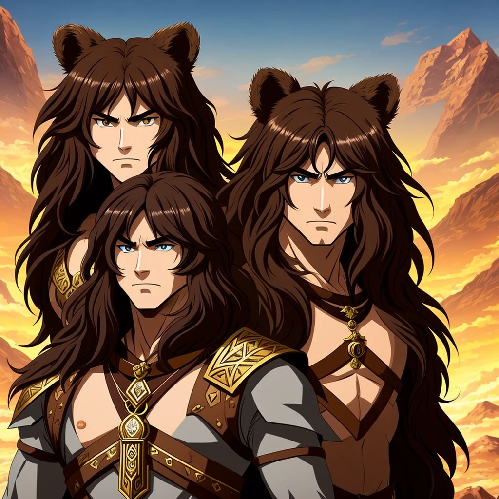 Barbarian with dark brown long hair, without armor and in the skin of a beast, with a bear amulet, two-handed sword, eye color - brown, dark skin, angular features symmetrical facial features