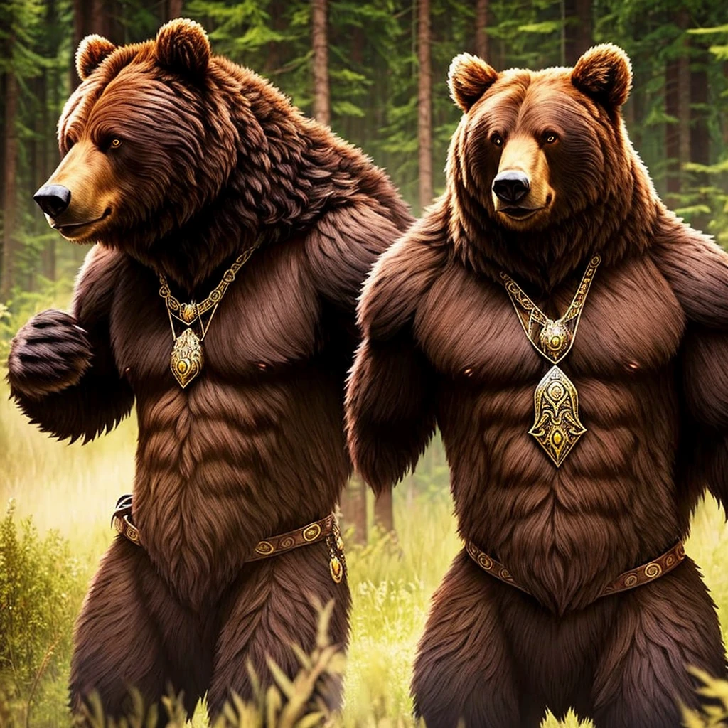 Barbarian with dark brown long hair, without armor and in the skin of a beast, with a bear amulet, two-handed sword, eye color - brown, dark skin, angular features symmetrical facial features