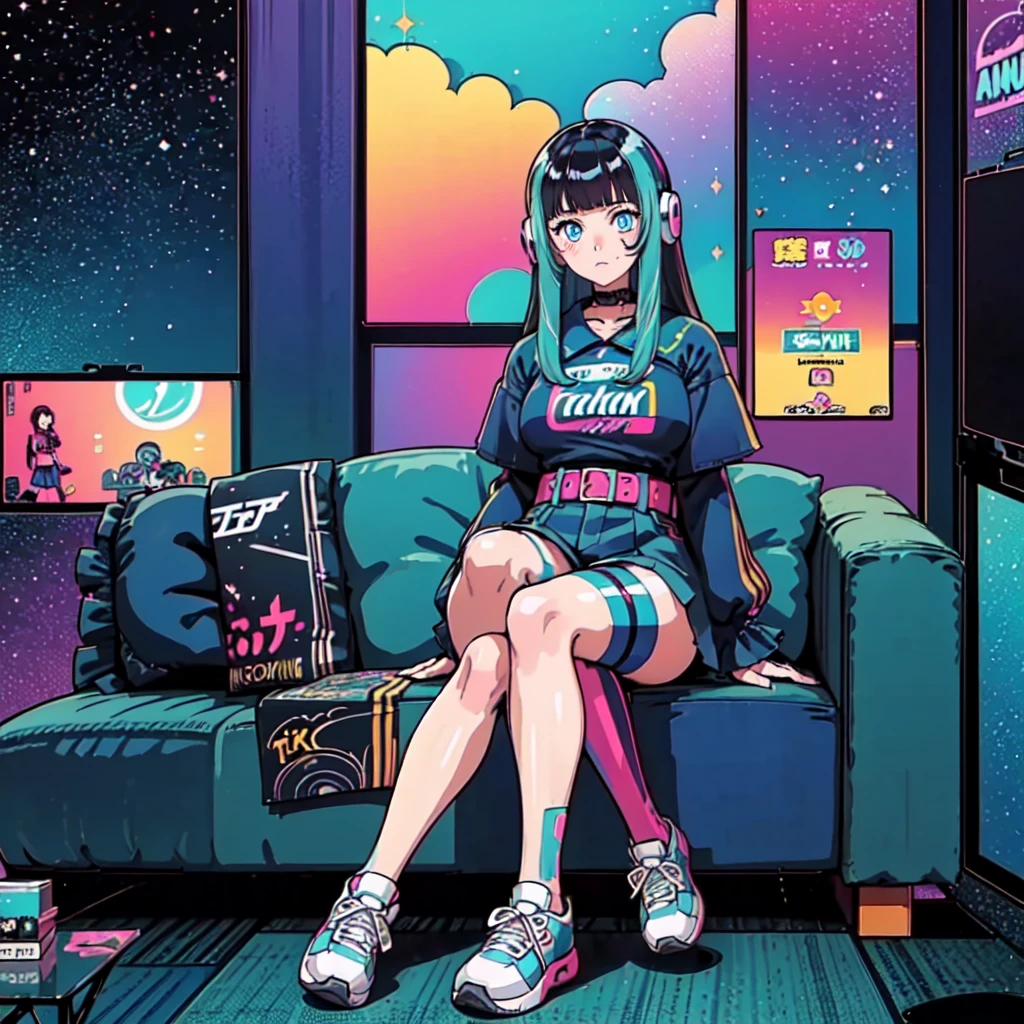 (masterpiece), Highest quality, Expressive eyes, Neon pastel aesthetics, Retro 90s, Neon color,((Girl sitting on sofa,In a cozy room,Records hanging on her wall, Comic books on the floor, Looking out the window behind her at the night city, Upholstered room, Anime figures lined up on a shelf)), Wearing headphones, (All around her it sparkles), (wearing thick colorful sneakers), (blue eyes), (Soft look), (Synthwave Art Style), Colorful Hair, Desk with PC set up