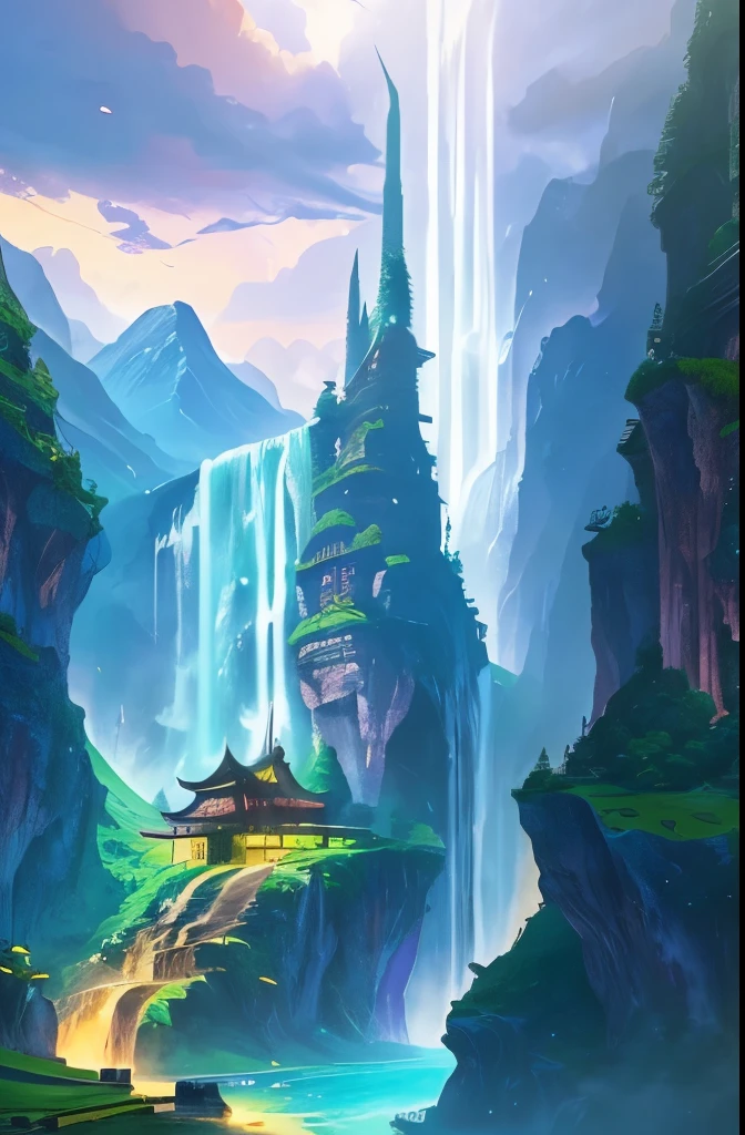 arafed view of a waterfall with a pagoda and a waterfall in the background, fantasy matte painting，cute, scenery artwork, game art matte painting, illustration matte painting, dota! matte painting concept art, dota matte painting concept art, 2. 5 d cgi anime fantasy artwork, dreamy matte painting, fantasy matte painting, avatar landscape, game map matte painting