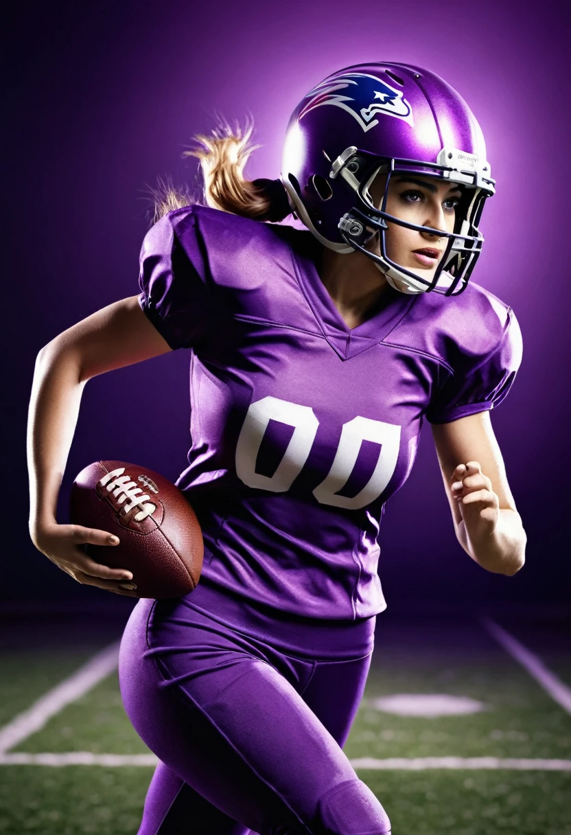 American football player woman, with purple uniform and helmet, holding the American football ball, running, photographic realism, cinema lighting.