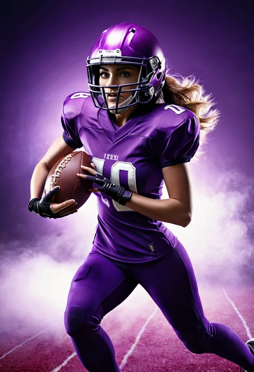 American football player woman, with purple uniform and helmet, holding the American football ball, running, photographic realism, cinema lighting.