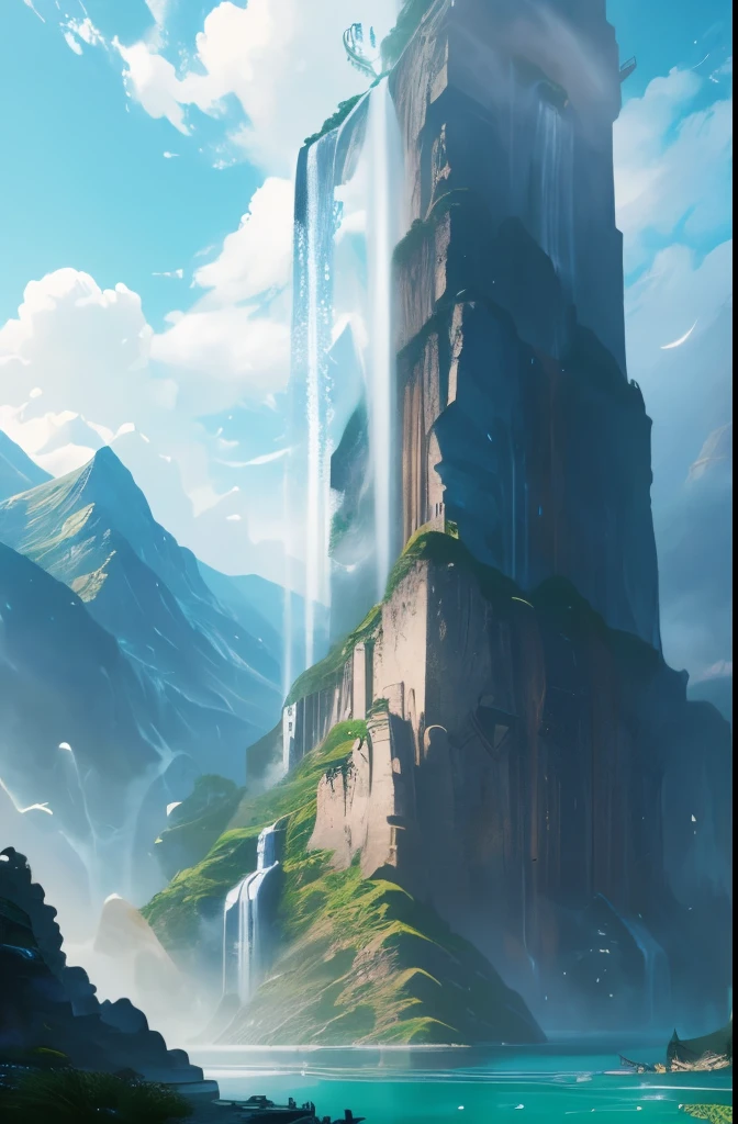 arafed view of a waterfall with a pagoda and a waterfall in the background, fantasy matte painting,cute, scenery artwork, game art matte painting, illustration matte painting, dota! matte painting concept art, dota matte painting concept art, 2. 5 d cgi anime fantasy artwork, dreamy matte painting, fantasy matte painting, avatar landscape, game map matte painting