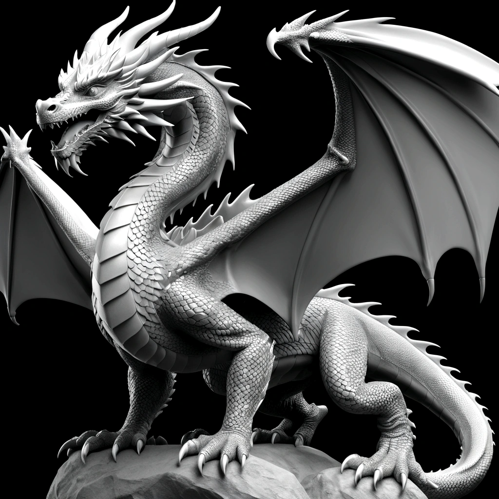 Grayscale 3D relief of a full body dragon, detailed scales and textures, high quality, 3D rendering, grayscale, relief art, CNC machine, detailed scales, realistic textures, professional, highres, ultra-detailed